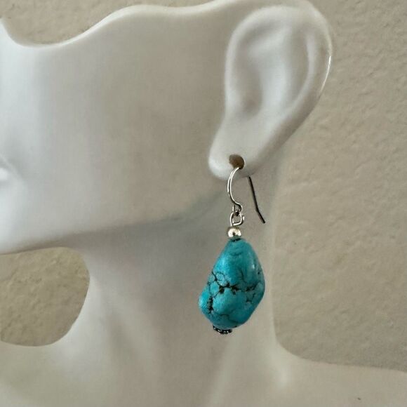 Lee Sands Chunky Turquoise Nugget Drop Earrings on Sterling Hooks - Picture 1 of 8